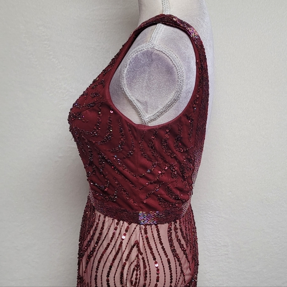 Zasa Karishma Creation Burgundy Sequin Beaded Backless Maxi Mermaid Dress 6 - Picture 6 of 11